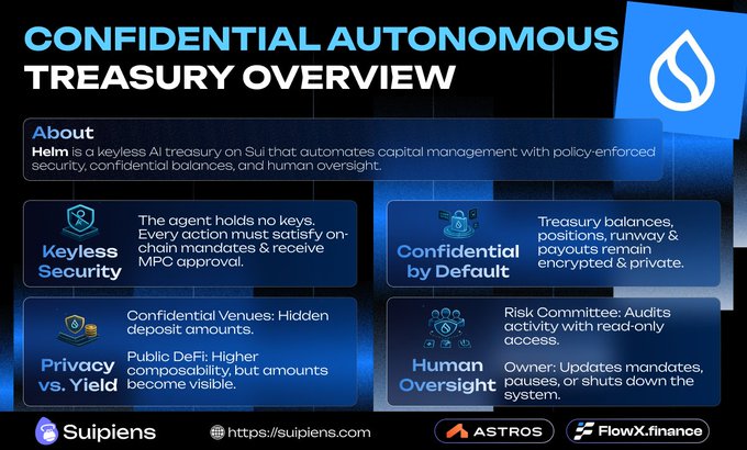 An informational slide titled "CONFIDENTIAL AUTONOMOUS TREASURY OVERVIEW" by Suipiens describing the Heim AI treasury on Sui, highlighting features like Keyless Security, Confidential by Default, Privacy vs. Yield, and Human Oversight.