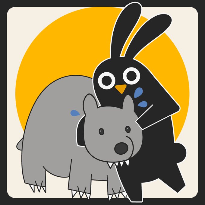 A simple cartoon illustration depicts a black rabbit with wide eyes and blue sweat drops looking nervously at a large gray creature with sharp teeth, set against a yellow circular background.