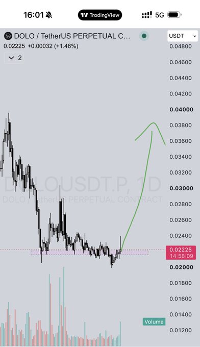 A TradingView chart of DOLO/USDT Perpetual Contract shows the price at 0.02225 (+1.46%), with a green hand-drawn trendline indicating a strong upward rally from a low base near 0.020, suggesting a swing trade opportunity at the highlighted support zone.