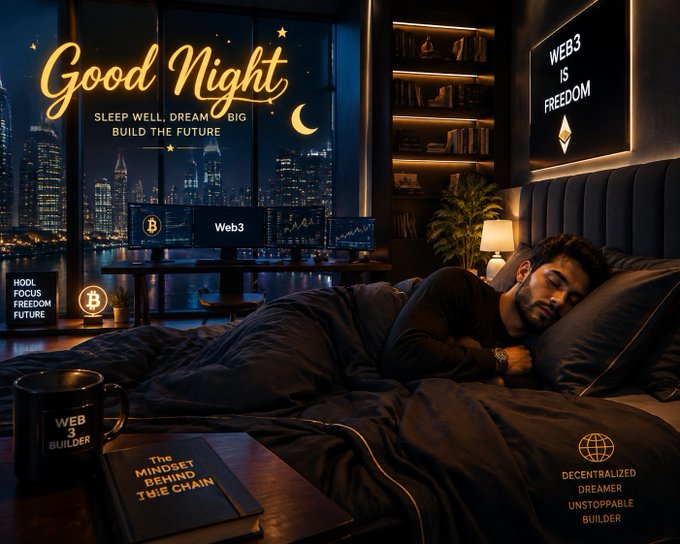 A man sleeping in a futuristic bedroom with 'Good Night', 'SLEEP WELL, DREAM BIG BUILD THE FUTURE', 'Web3 is FREEDOM', and 'WEB 3 BUILDER' text displayed in neon and on nearby objects.