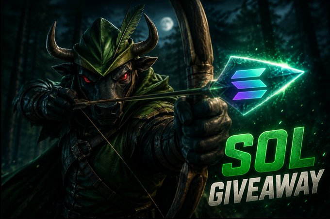 A dark fantasy archer with glowing red eyes, horns, and a green hooded cloak aims a bow in a moonlit forest, with a glowing green Solana logo near the arrow. Bold green and white text reads "SOL GIVEAWAY," matching the post's promotion of a 2.5 $SOL giveaway ($200) hosted by @RBULLDEVS with 5 winners in 24 hours.