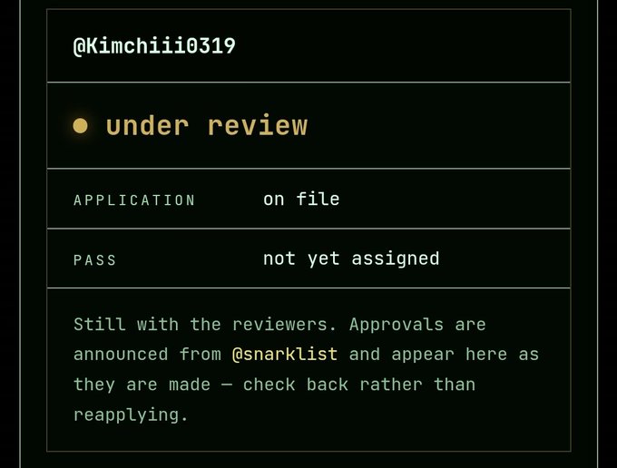 A dark-themed application status page displays the handle "@Kimchii0319" with an "under review" status, indicating "APPLICATION on file" and "PASS not yet assigned," alongside a message advising the applicant to check back rather than reapply.