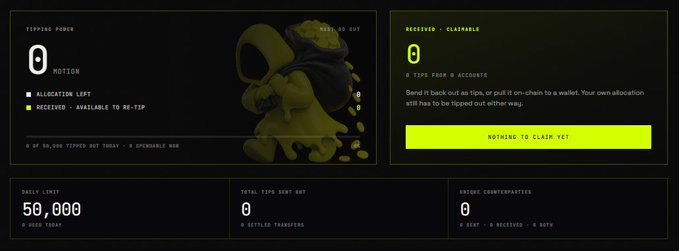 The image shows a Motion tips dashboard interface displaying a user's account with 0 tokens in their wallet, 0 tips received from 0 accounts, a daily limit of 50,000 tokens, and a yellow "NOTHING TO CLAIM YET" button. The dashboard relates to the post by showing the platform where users can potentially claim or tip $MOTION tokens, illustrating the "Check your balance" step described in the tutorial.