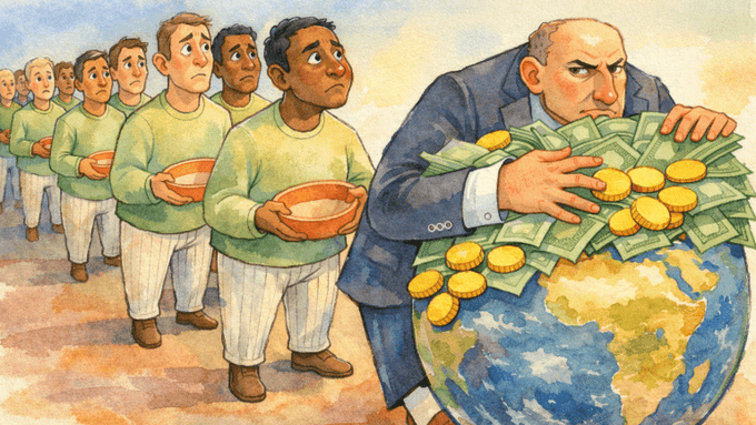 A watercolor illustration depicts a line of impoverished people holding empty bowls while a large man greedily clutches stacks of money and coins atop a globe, symbolizing global wealth inequality.