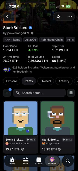 A mobile screenshot of an NFT marketplace showing the 'StonkBrokers' collection by powerranger69, displaying a floor price of 13.24 ETH, a 1D Floor change of +1.9%, and pixel art character listings like 'Stonk Broke...' and 'Stonk Brok...'.