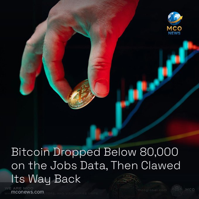 An MCO News article thumbnail showing a hand holding a Bitcoin with the headline "Bitcoin Dropped Below 80,000 on the Jobs Data, Then Clawed Its Way Back."