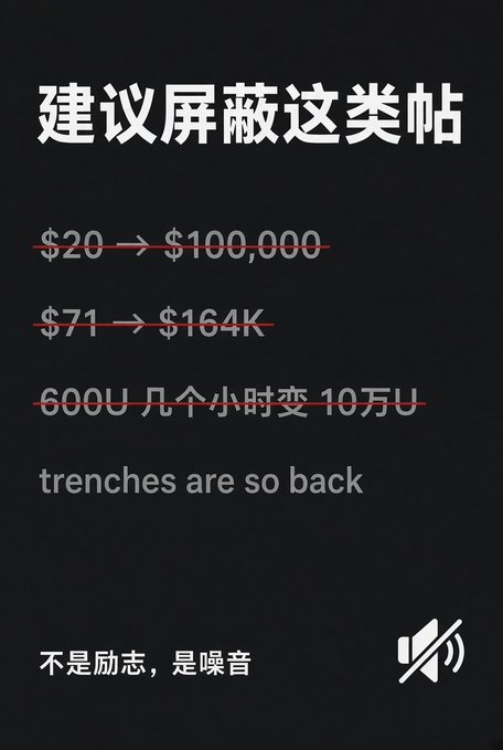 A black graphic with Chinese text reading '建议屏蔽这类帖' (Suggest blocking this kind of post), crossing out claims like '$20 → $100,000' and '$71 → $164K', with the caption '不是励志，是噪音' (Not inspirational, but noise).