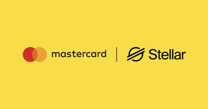 The image features a yellow background with two red circles positioned at the top left corner and bottom right corners of the frame. The text "Mastercard" is written above the circles, while "Stellar" is written below them. The text also mentions that Mastercard has expanded its settlement capabilities to include intraday, weekend, and holiday card settlements using regulated stablecoins.