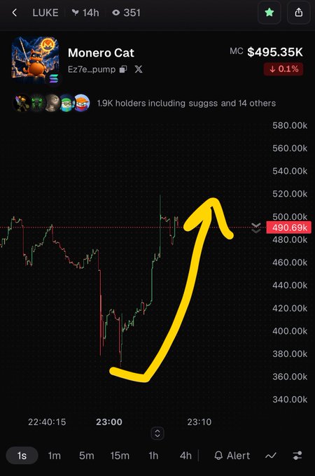 A cryptocurrency price chart for the token 'LUKE' showing 'Monero Cat' with a market cap of $495.35K and a hand-drawn yellow arrow pointing upward.
