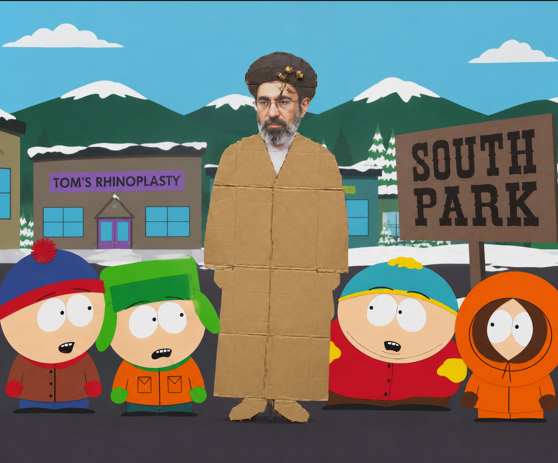 A South Park-style cartoon scene showing four children characters standing next to a figure wearing a cardboard costume, with a building labeled "TOM'S RHINOPLASTY" and a "SOUTH PARK" sign in the background.