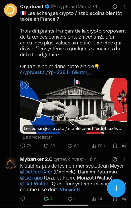 A screenshot of a Twitter/X post from @CryptoastMedia (1h ago) discussing a proposal by three French crypto leaders — Jean Meyer (Deblock), Damien Patureaux (Lyzi), and Pierre Morizot (Waltio) — to tax crypto/stablecoin conversions, set to be debated in the coming weeks. Below it, a reply from @meykinvest (Mybanker 2.0) tags the three founders with the hashtags #boycott and a French flag emoji, urging pushback against the proposed tax. The accompanying note reinforces this by calling out the French financial community (CT) to make their opposition heard before the decision is made.