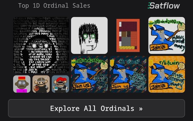 Satflow webpage displaying 'Top 1D Ordinal Sales' featuring various NFT artworks including a Bitcoin wizard character and stylized portrait designs, with an 'Explore All Ordinals »' button.