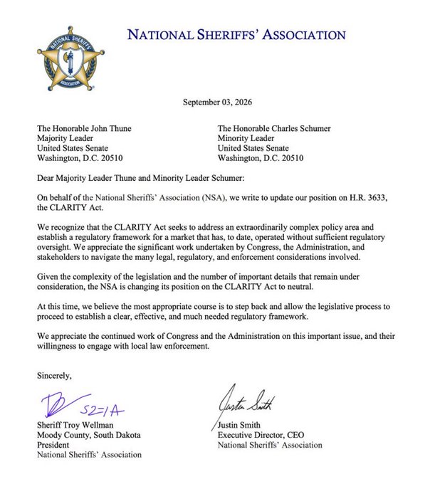 A September 3, 2026 letter from the National Sheriffs' Association addressed to Senate leaders Thune and Schumer regarding H.R. 3633, the CLARITY Act, signed by Sheriff Troy Wellman and CEO Justin Smith.