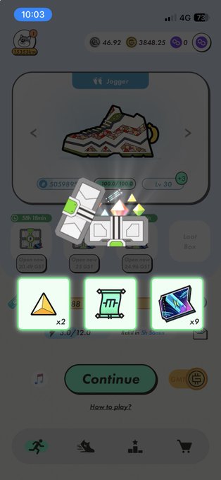 A mobile game screen displays rewards from a "Jogger" item, showing x2 yellow triangles, a green badge, and x9 blue crystals as the player reaches the 59h 18min mark with 305989 points. The "Continue" button and "How to play?" text appear below the reward cards.