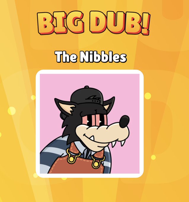 A mobile game character screen displaying a cartoon wolf wearing a cap, a striped shirt, and overalls, with the title "BIG DUB!" and character name "The Nibbles" above.