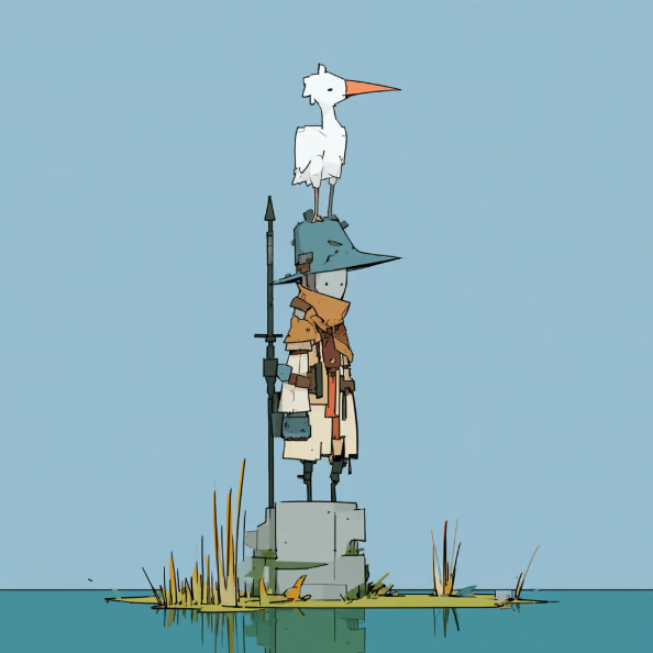 A whimsical illustration shows a small character wearing a wide-brimmed blue hat and orange coat, holding a spear while standing on a concrete block in water, with a white bird perched on top of their hat.