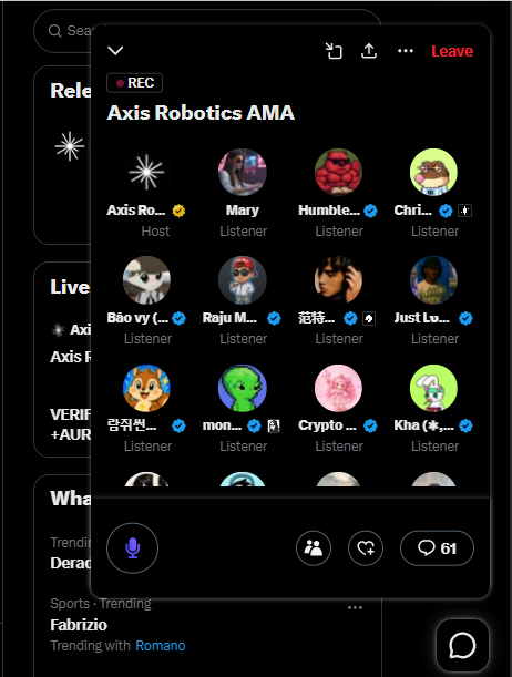 Twitter/X Space interface for "Axis Robotics AMA" showing the host and multiple listeners in a recording session with 61 active participants.