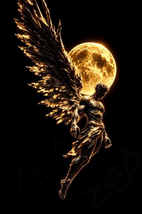 A dramatic digital artwork depicts a muscular, winged figure resembling an angel floating against a black background with a large, glowing full moon.