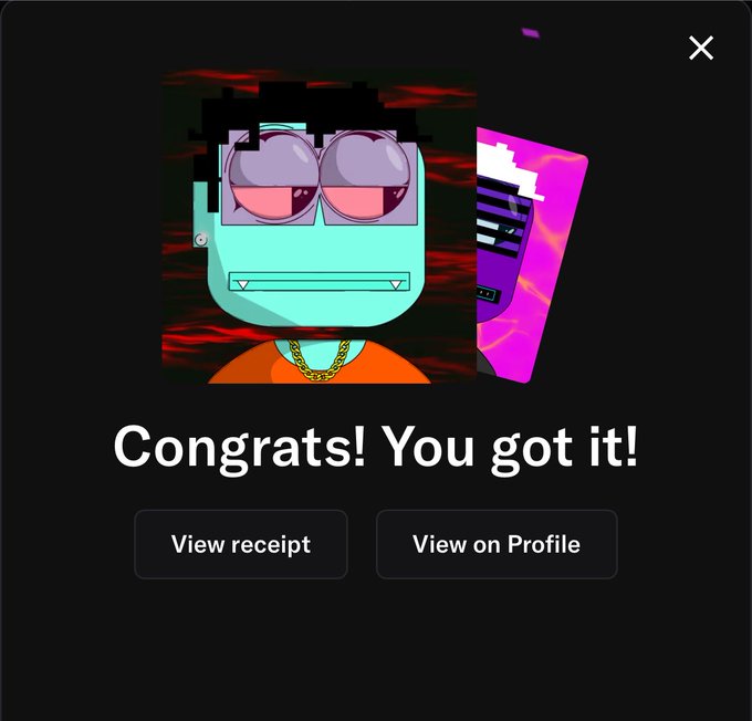 A mobile screen displays a notification 'Congrats! You got it!' after obtaining a cartoon NFT character wearing sunglasses and a gold chain, with options to view receipt or profile.
