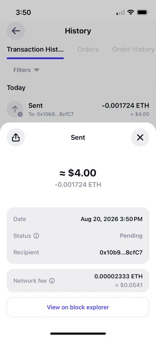 A screenshot of a cryptocurrency transaction history showing a pending "Sent" transaction of approximately $4.00 (0.001724 ETH) to address 0x10b9...8cfC7 on Aug 20, 2026. The "Who is next" caption pairs with the transaction, humorously suggesting the next person on the receiving end of the sender's transfers.