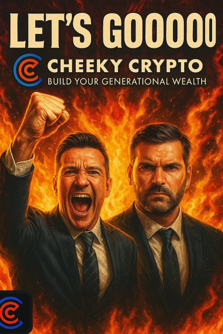 A promotional poster for 'Cheeky Crypto' with the tagline 'Build Your Generational Wealth' featuring two men in suits against a fiery background, with text 'LET'S GOOOOO' at the top.