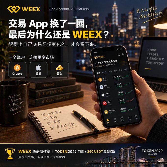 A WEEX promotional advertisement in Chinese encouraging users to switch trading apps, featuring the tagline 'One Account. All Markets.' and highlighting crypto, US stocks, and gold trading, with a WEEX华语创作赛 TOKEN2049 Singapore promotion.
