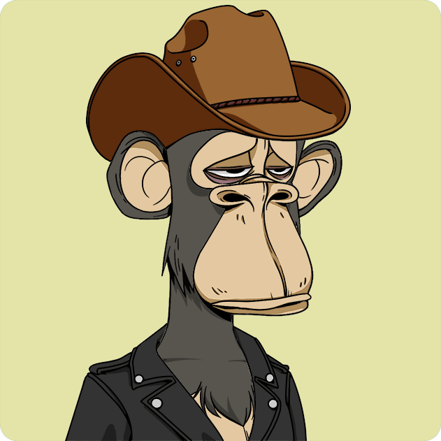 A cartoon monkey wearing a brown cowboy hat and a black leather jacket looks unimpressed against a pale yellow background. This illustration represents Bored Ape #3861 from the Bored Ape Yacht Club NFT collection, which was purchased for 6.939 ETH as noted in the post.