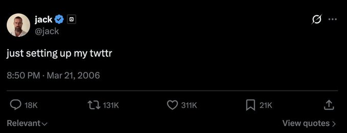 A screenshot of a Twitter post by verified user “jack” (@jack) says, “just setting up my twttr,” timestamped 8:50 PM · Mar 21, 2006, with 18K replies, 131K retweets, 311K likes, and 21K bookmarks. This early “setting up Twitter” tweet was later sold as an NFT for $2.9 million (1,630.58 ETH) in March 2021, matching the accompanying post’s joke about NFTs being “ded.”