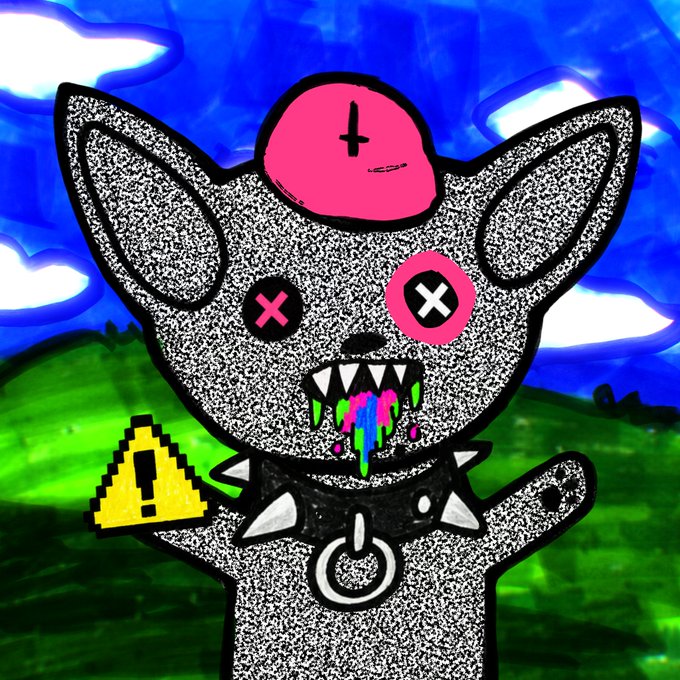 A creepy cartoon cat-like creature with X-shaped eyes, sharp teeth, and dripping rainbow drool wears a spiked collar and a pink cap, while holding up a yellow warning triangle. The chaotic, edgy illustration aligns with the post's call for free-mint collaborations for @Demonics_rh, seeking community partnerships.