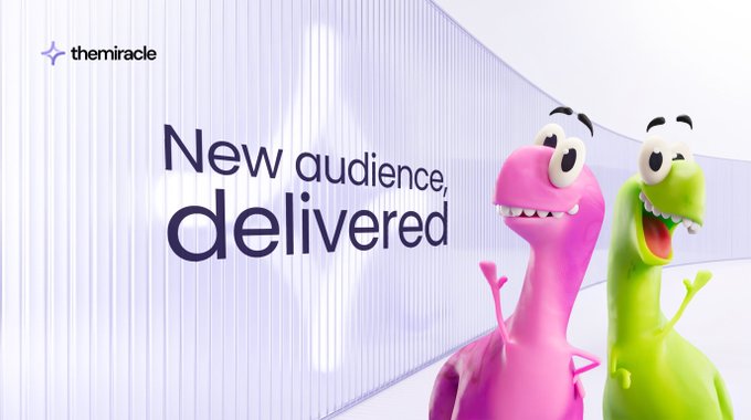 A promotional graphic for 'themiracle' featuring a pink and green cartoon dinosaur with the text 'New audience, delivered'.