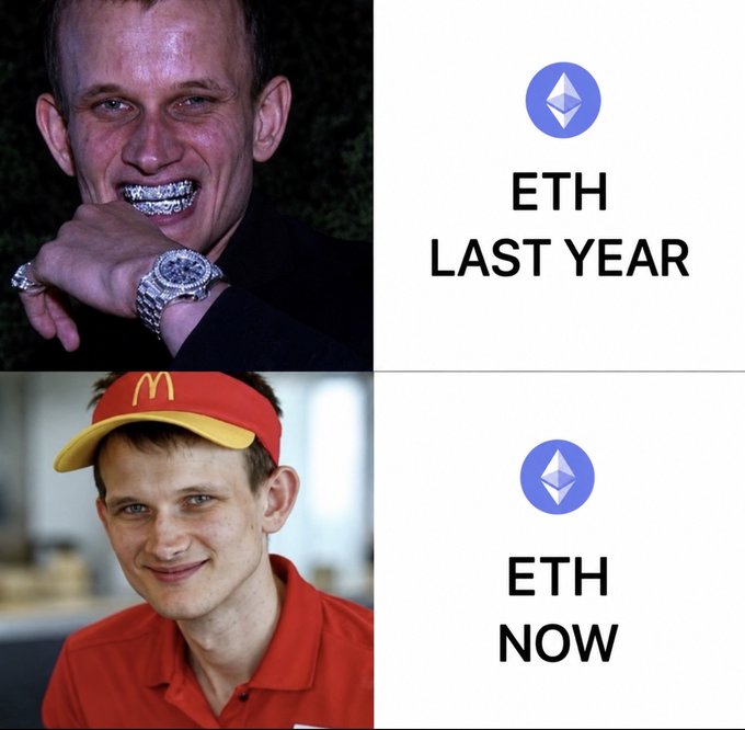 A meme comparing Vitalik Buterin's appearance, showing a flashy, jewelry-laden photo labeled 'ETH LAST YEAR' above a wholesome McDonald's employee photo labeled 'ETH NOW'.
