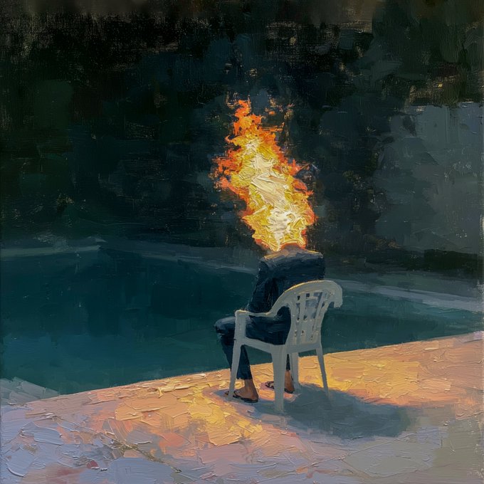 A figure sits in a white plastic chair beside a pool at night, their head engulfed in bright orange and yellow flames that cast a warm glow on the pavement. The scene visually echoes the haunting sentiment of "forget about me," suggesting a person burning away—perhaps consumed by grief, guilt, or the desire to be erased from memory.