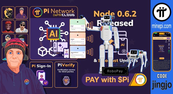 A promotional graphic for 'Pi Network DePIN CLOUD' announcing 'Node 0.6.2 Released & Some Post Updates', featuring a 'PAY with $Pi' logo and promo code 'jingjo'.