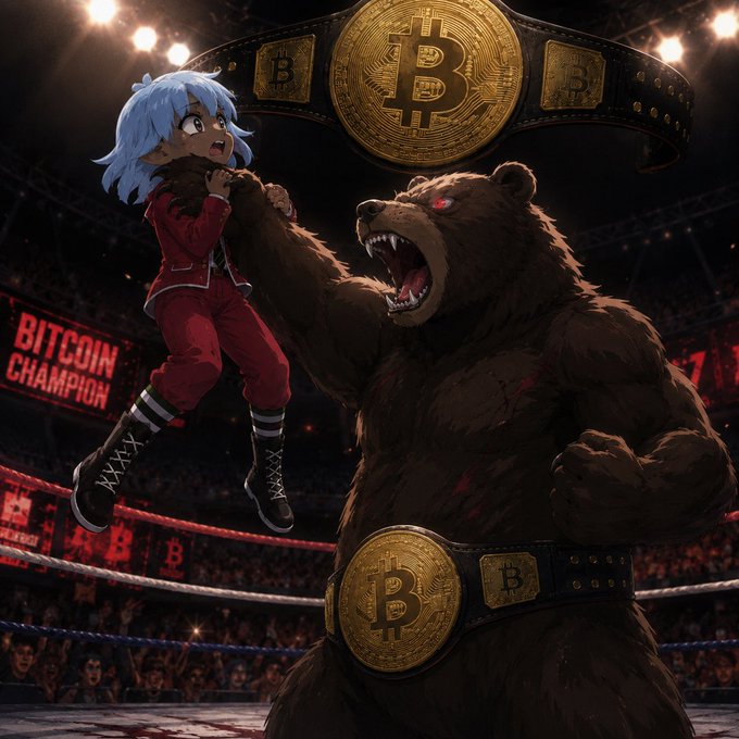 A massive brown bear wearing Bitcoin championship belts triumphantly lifts a small blue-haired anime character by the collar inside a wrestling ring, with a "BITCOIN CHAMPION" sign visible in the background. The image visually represents the post's lament about Bitcoin's bearish dominance, depicting the bear market "choking out" BTC holders as prices fall below $60k.