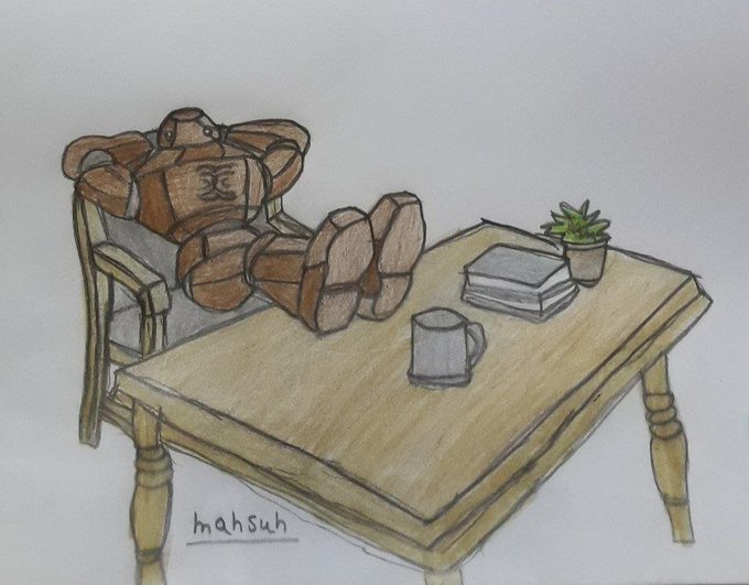 A hand-drawn illustration by 'mahsuh' depicts a wooden teddy bear relaxing in a chair with its feet up on a table, next to a coffee mug, books, and a small potted plant.