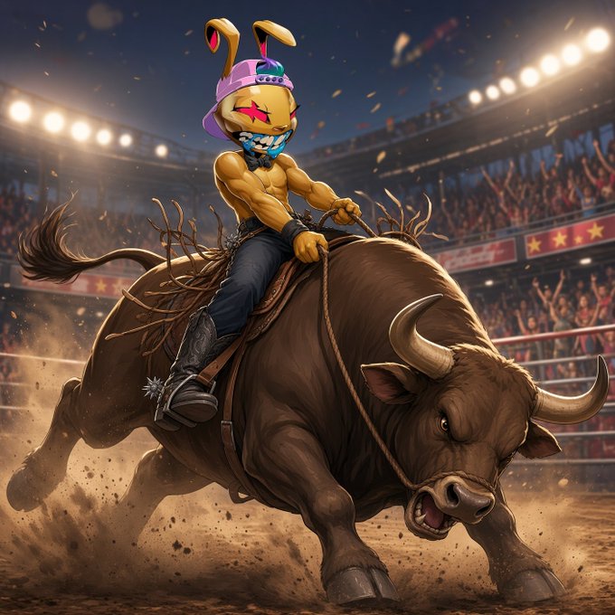 A cartoon character with a purple bucket hat and bunny ears rides a charging brown bull in a rodeo arena, kicking up dust under stadium lights.