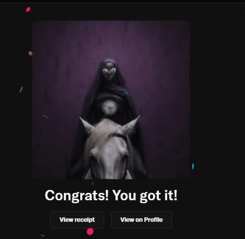 A congratulatory NFT mint confirmation screen displaying a hooded figure with a skull face riding a white horse against a purple background, with text reading "Congrats! You got it!" along with "View receipt" and "View on Profile" buttons, announcing the successful minting of "The Tally Man" by Margaret Ngigi.