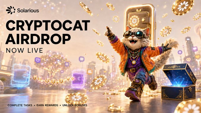 A promotional banner for the "Cryptocat Airdrop - Now Live" by Solarius features a stylish cartoon cat in sunglasses and a gold chain running through a futuristic cityscape scattered with floating gold coins and a glowing treasure chest. The bottom text reads "Complete Tasks • Earn Rewards • Unlock Bonuses," directly tying into the airdrop's instructions to download Solar Wallet and complete $SOLAR testnet transactions.
