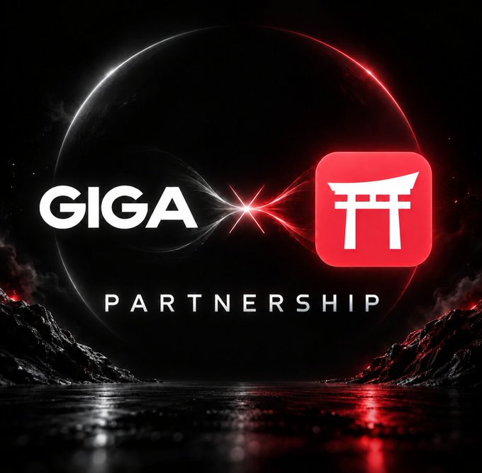 Dark, dramatic partnership announcement graphic featuring the GIGA logo alongside a red torii gate-style icon with 'PARTNERSHIP' text.