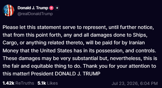 A Truth Social post from @realDonaldTrump dated Jul 23, 2026, stating that damages to ships and cargo will be paid for using Iranian money held by the United States, with 1.42k ReTruths and 5.1k Likes.