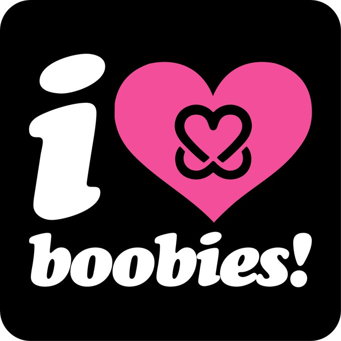 The image is a square sticker-style graphic with a black background featuring a pink heart containing a stylized black "B" logo, alongside white text reading "i ❤️ boobies!" — representing the "I Love Boobies!" charity/awareness brand, which the user is suggesting should be paired with its correct ticker/penny stock symbol.