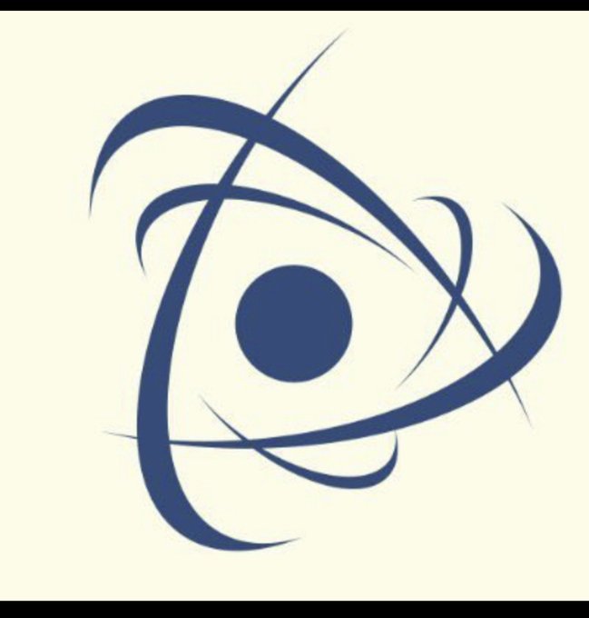A blue and cream logo featuring a stylized atom-like design with orbiting curved lines surrounding a central solid circle.
