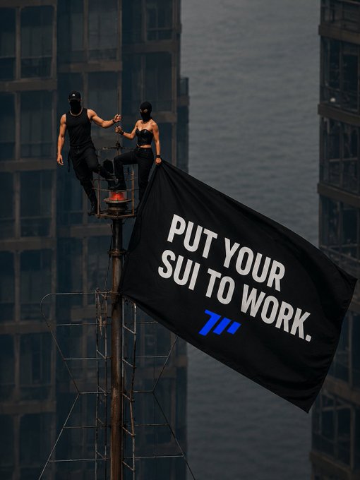 Two masked figures in black stand atop a ship's mast against a city skyline, unfurling a large black banner reading "PUT YOUR SUI TO WORK." accompanied by a blue stylized logo, visually echoing the post's call to put idle $SUI assets to work on Momentum.