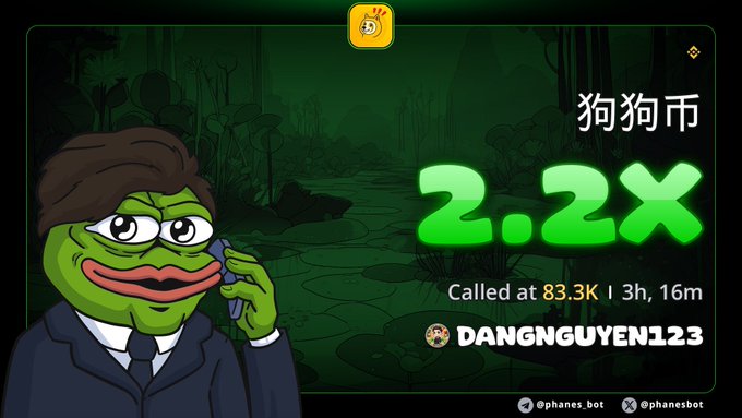 A Pepe the Frog character in a black suit talks on a phone against a swamp background, with text displaying '狗狗币 2.2X Called at 83.3K | 3h, 16m' by DANGNGUYEN123, branded with @phanes.bot.