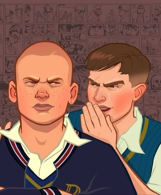 An anime-style illustration shows two young men, one holding a hand near his mouth as if whispering, in front of a wall covered with comic or manga storyboard panels.