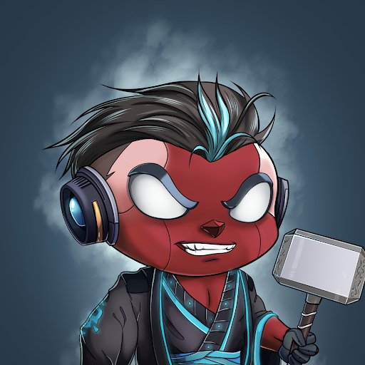 A digital illustration of a red-skinned character with a blue-streaked mohawk, headphones, and glowing eyes, wielding a hammer against a smoky dark background.