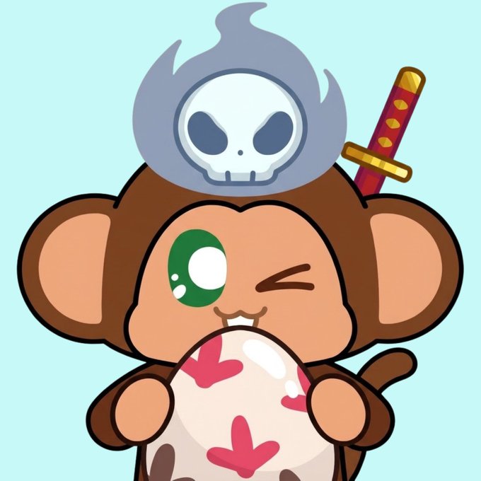 A cartoon monkey character with a green eye patch, winking, holding an egg decorated with pink hearts, and wearing a skull symbol on its head with a sword behind it.