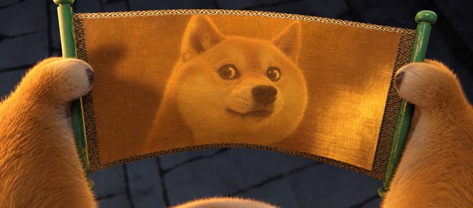 An animated scene showing a Shiba Inu dog displayed on a scroll, which is being held up by two paws against a dark, stone-textured background.
