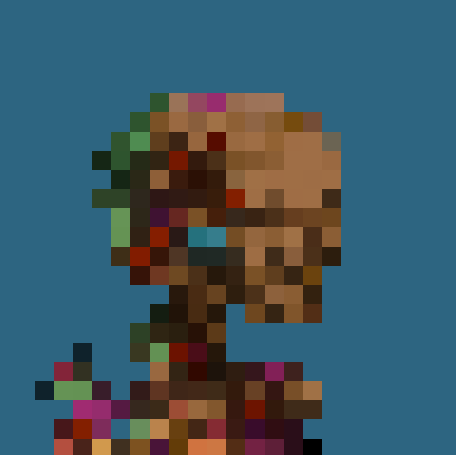 A heavily pixelated image of a person against a blue background.