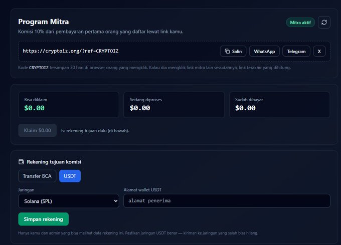 A cryptocurrency referral program dashboard labeled 'Program Mitra' showing 10% commission, a referral link (https://cryptoz.org/?ref=CRYPTO1Z), earnings stats all at $0.00, and USDT payout setup on the Solana (SPL) network.